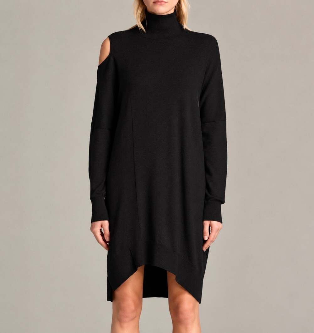 AllSaints Cecily Sweater Dress M Black Cold Shoulder Turtleneck Asymmetrical